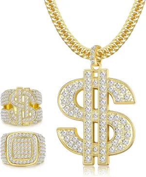 FIBO STEEL Hip Hop 18K Gold Plated Pendant Chain Necklaces and Rings Set for Men Women Rapper Costume Money Dollar Sign Necklace 80s 90s Party Jewelry
