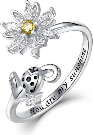 Fidget Spinner Rings for Anxiety for Women - 925 Sterling Silver Sunflower/Rose/Daisy Promise Bands Relieving Stress Jewelry Anti Anxiety Gifts for Couples Women