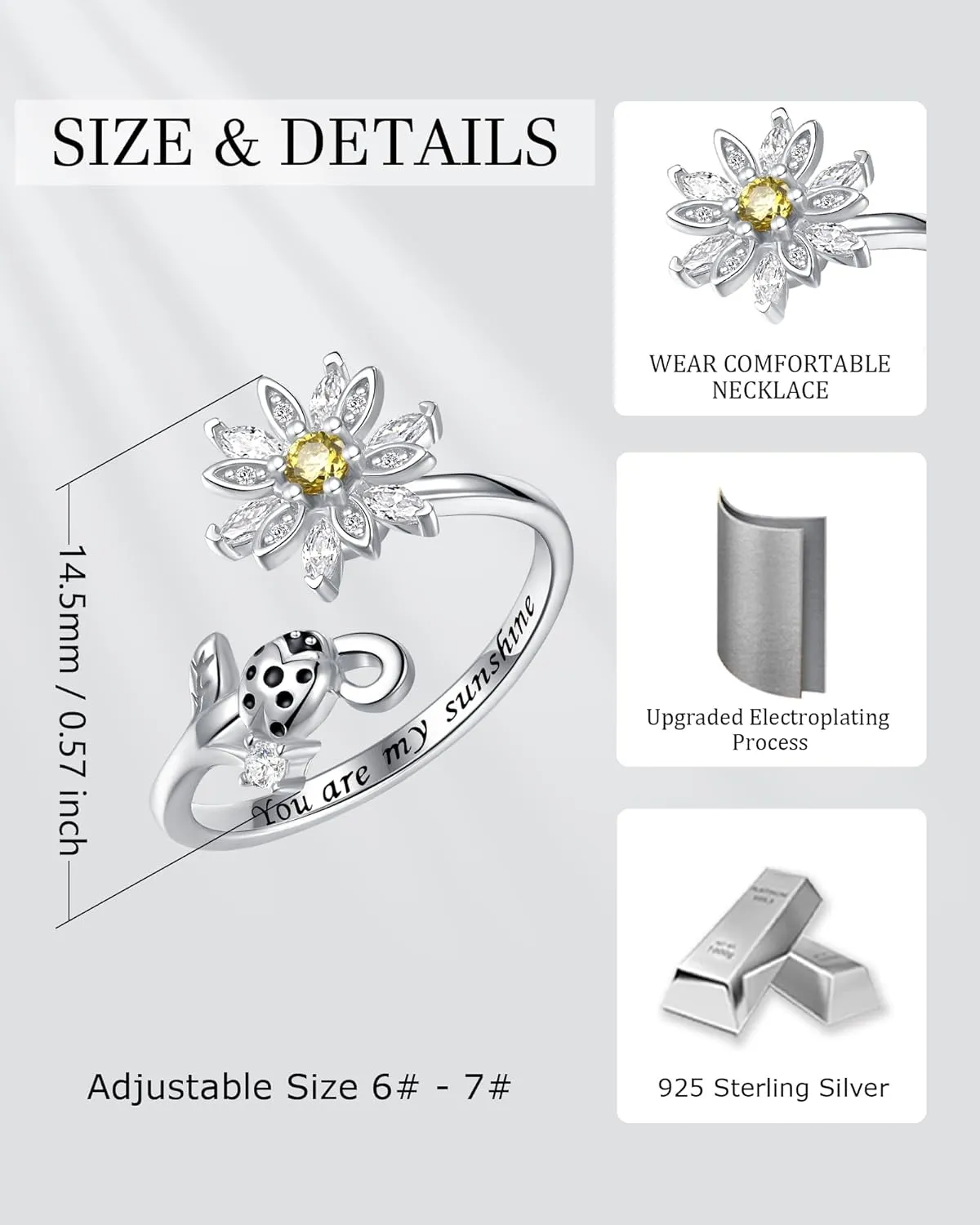 Fidget Spinner Rings for Anxiety for Women - 925 Sterling Silver Sunflower/Rose/Daisy Promise Bands Relieving Stress Jewelry Anti Anxiety Gifts for Couples Women
