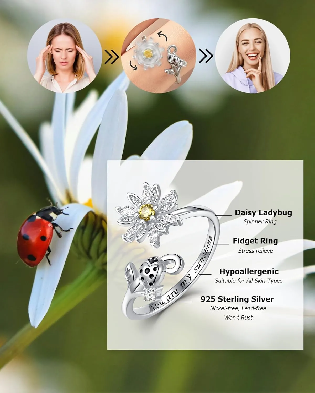 Fidget Spinner Rings for Anxiety for Women - 925 Sterling Silver Sunflower/Rose/Daisy Promise Bands Relieving Stress Jewelry Anti Anxiety Gifts for Couples Women