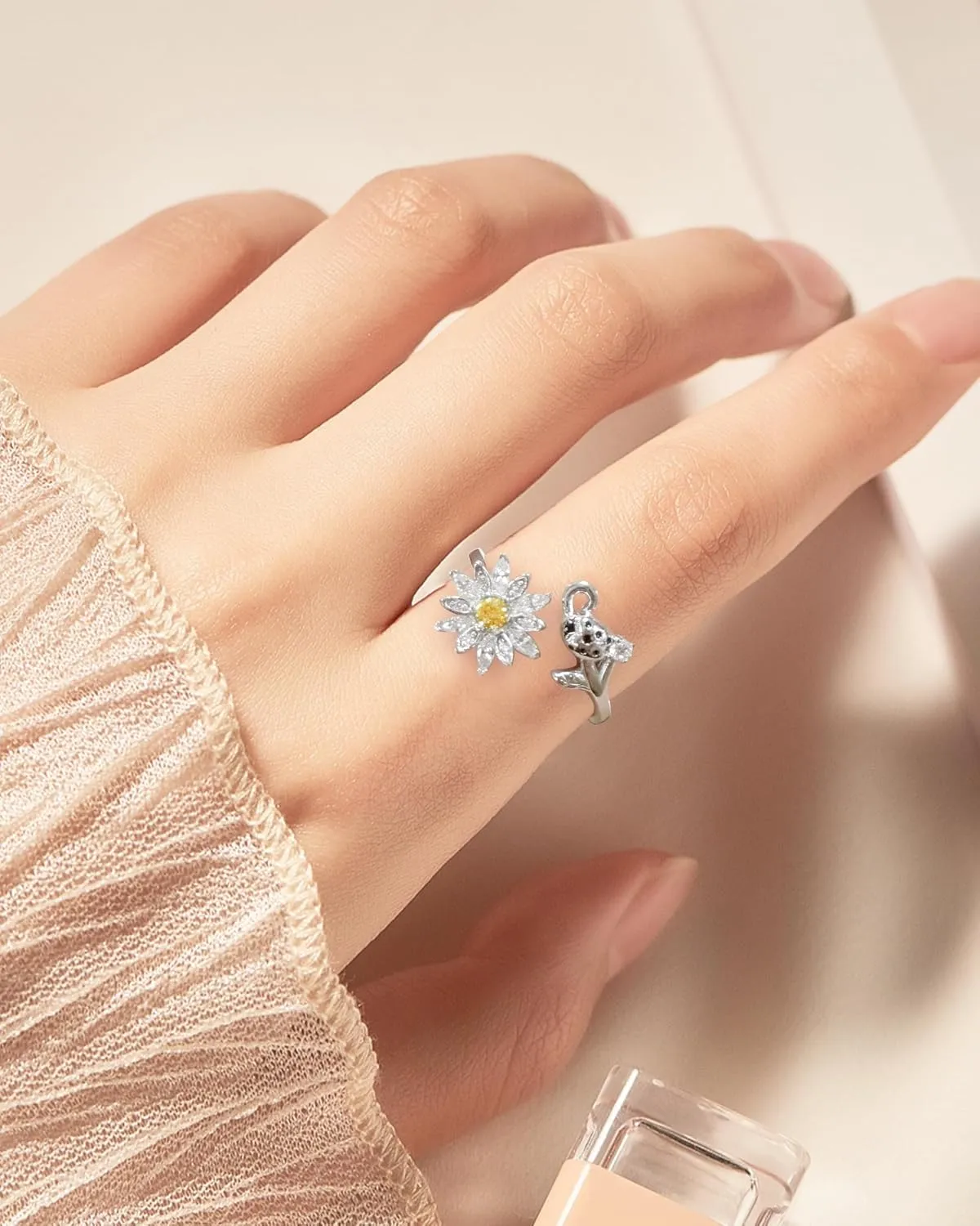 Fidget Spinner Rings for Anxiety for Women - 925 Sterling Silver Sunflower/Rose/Daisy Promise Bands Relieving Stress Jewelry Anti Anxiety Gifts for Couples Women