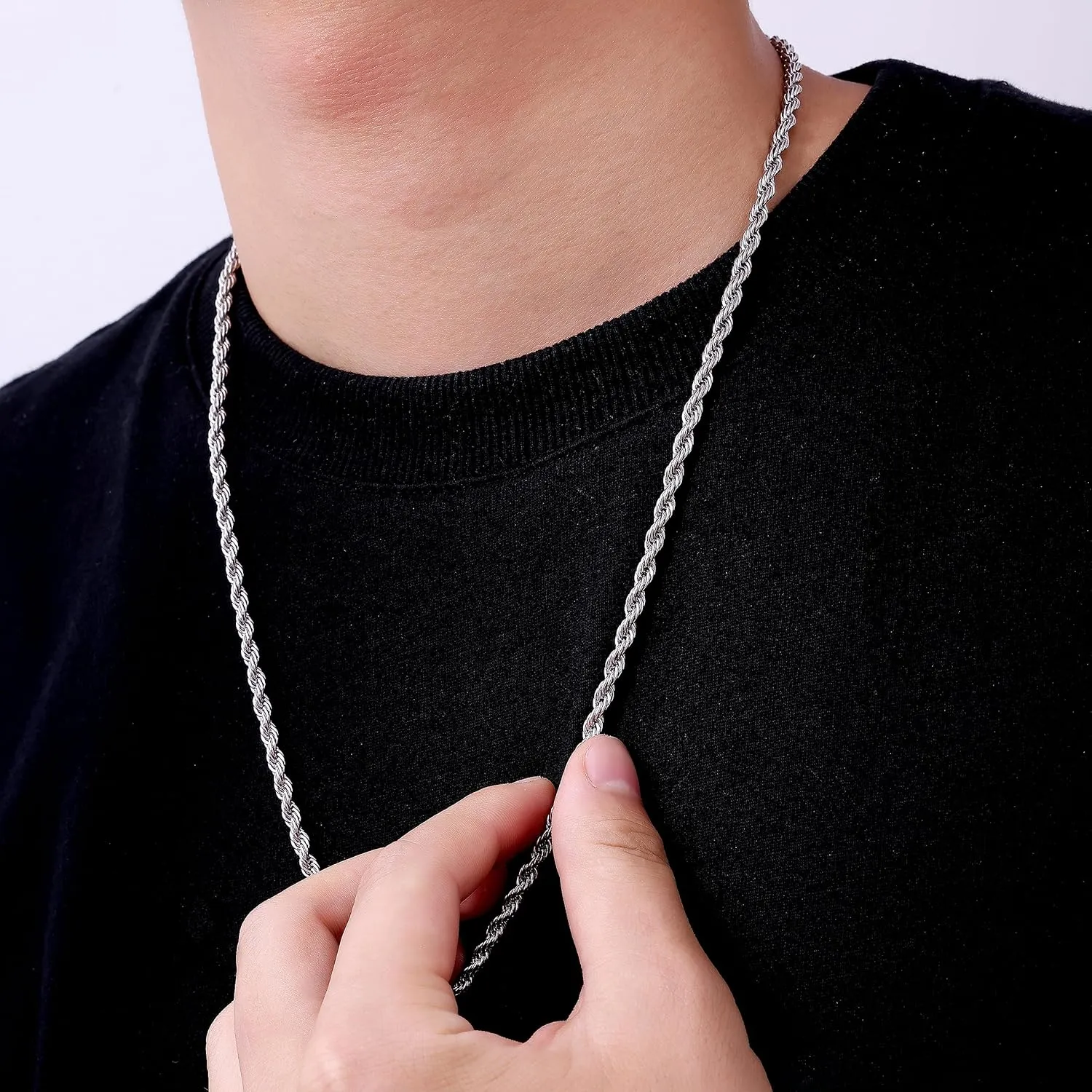Fiusem 3mm Rope Chain Necklace for Men, Silver Tone Mens Chain Necklace, Stainless Steel Necklace Chain for Men Women