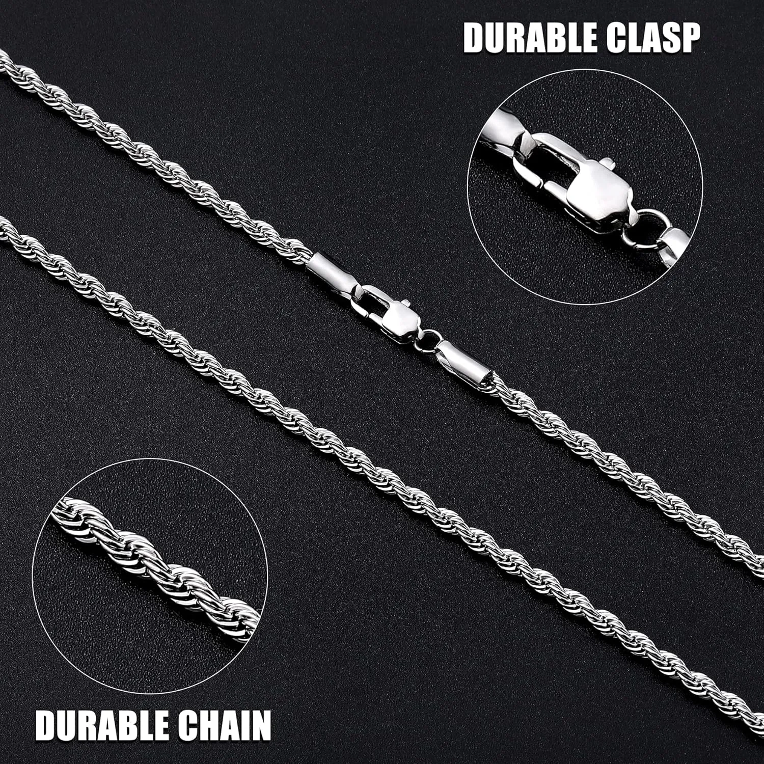 Fiusem 3mm Rope Chain Necklace for Men, Silver Tone Mens Chain Necklace, Stainless Steel Necklace Chain for Men Women