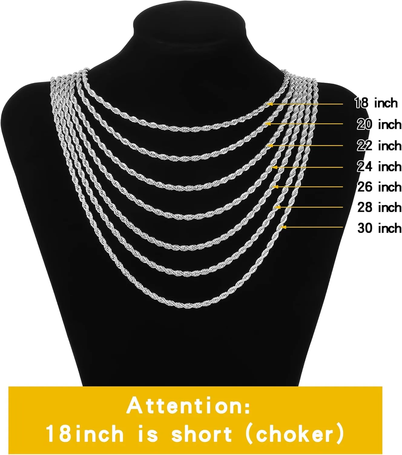 Fiusem 3mm Rope Chain Necklace for Men, Silver Tone Mens Chain Necklace, Stainless Steel Necklace Chain for Men Women