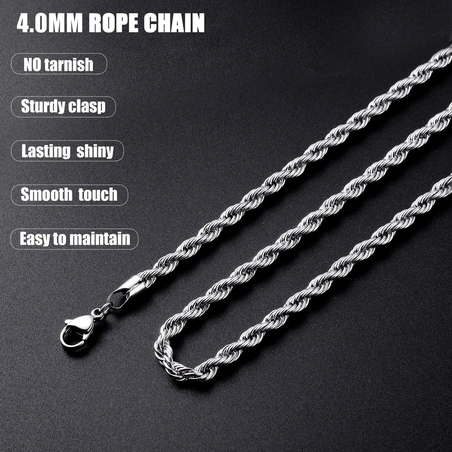 Fiusem 3mm Rope Chain Necklace for Men, Silver Tone Mens Chain Necklace, Stainless Steel Necklace Chain for Men Women