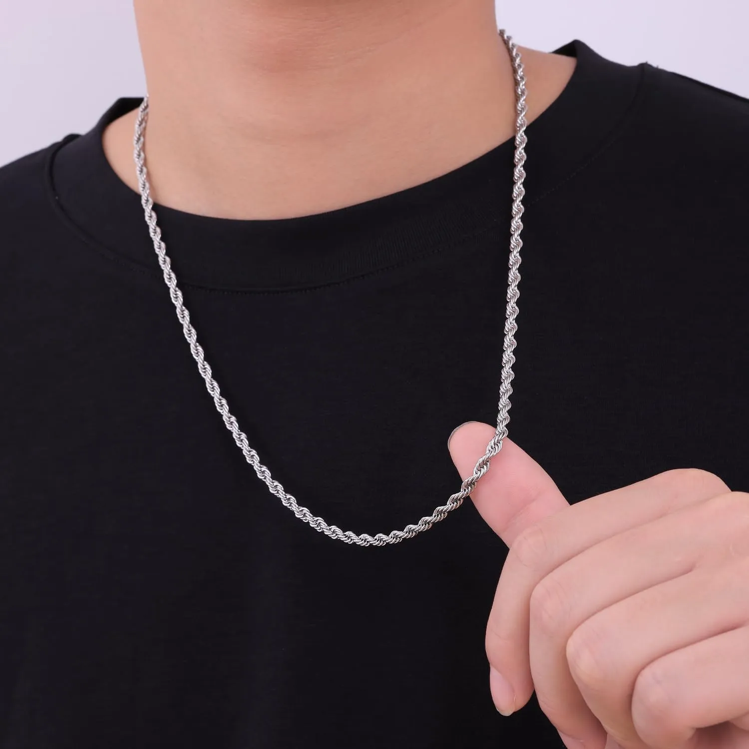 Fiusem 3mm Rope Chain Necklace for Men, Silver Tone Mens Chain Necklace, Stainless Steel Necklace Chain for Men Women
