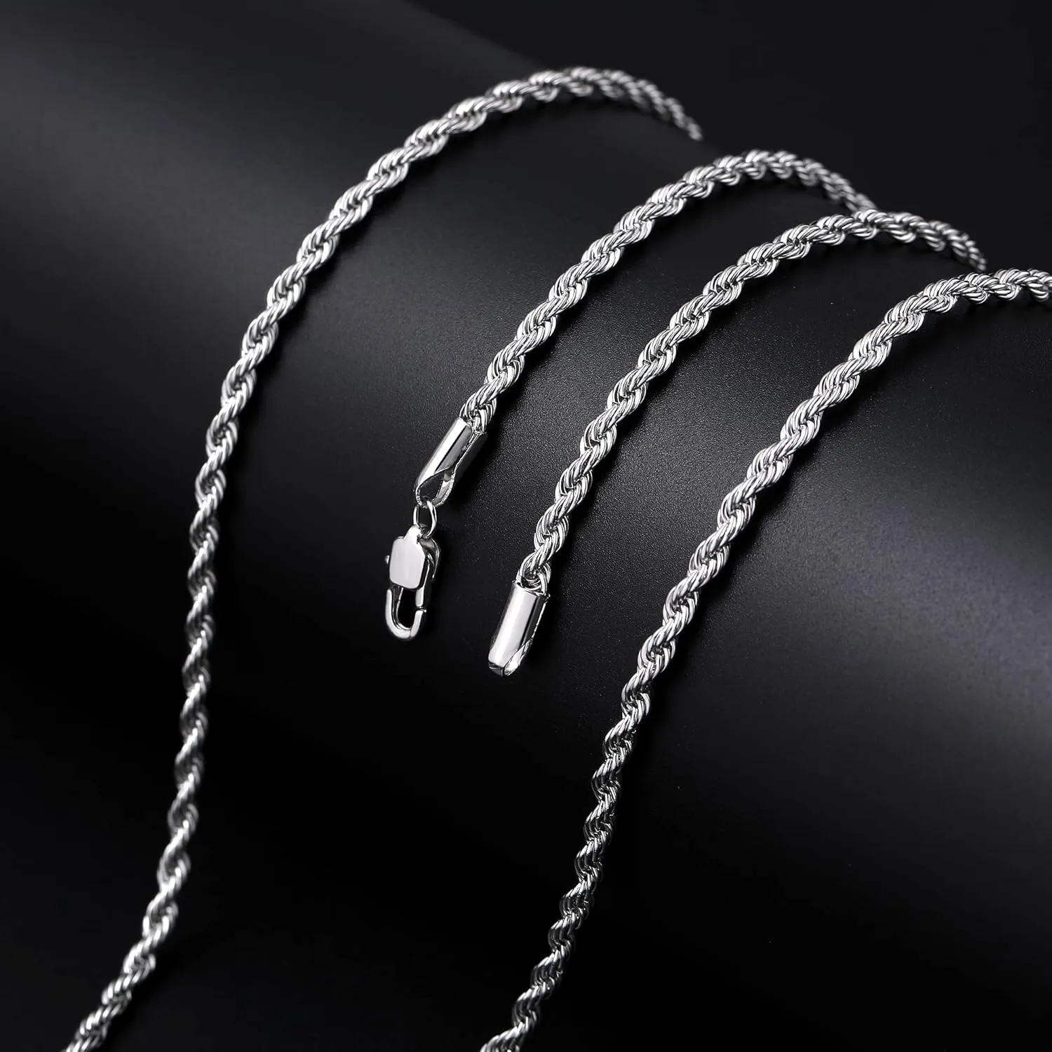 Fiusem 3mm Rope Chain Necklace for Men, Silver Tone Mens Chain Necklace, Stainless Steel Necklace Chain for Men Women