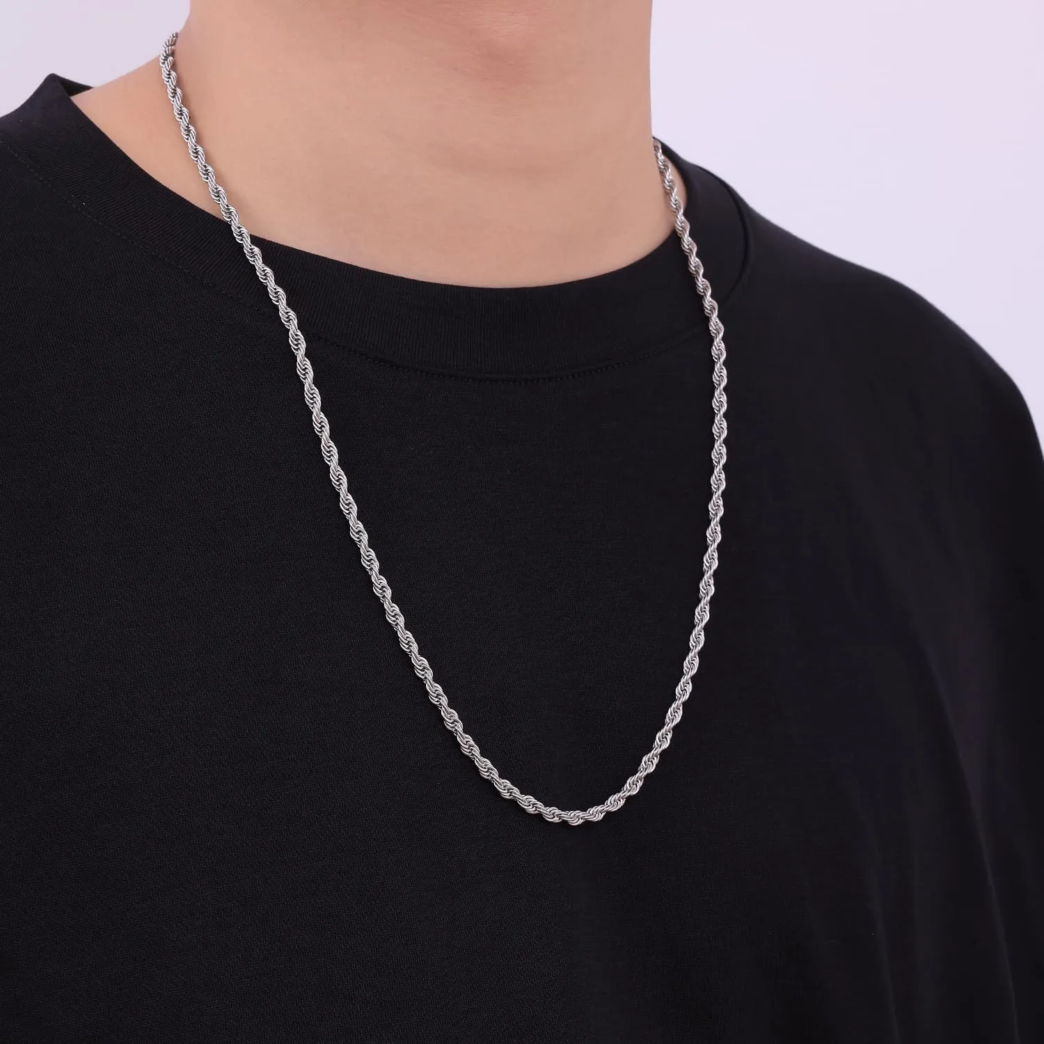 Fiusem 3mm Rope Chain Necklace for Men, Silver Tone Mens Chain Necklace, Stainless Steel Necklace Chain for Men Women