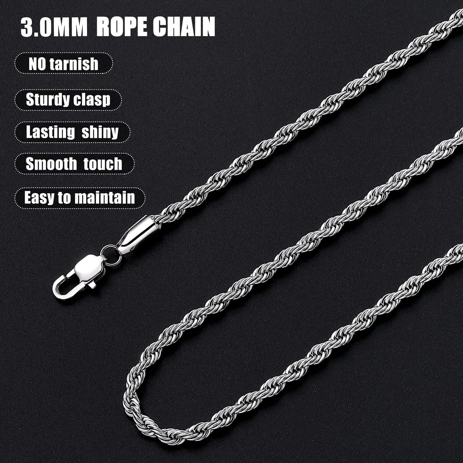 Fiusem 3mm Rope Chain Necklace for Men, Silver Tone Mens Chain Necklace, Stainless Steel Necklace Chain for Men Women