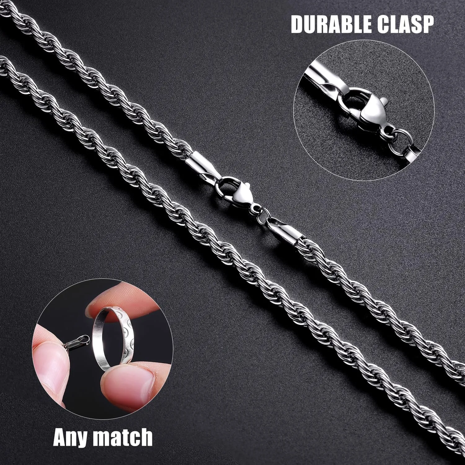 Fiusem 3mm Rope Chain Necklace for Men, Silver Tone Mens Chain Necklace, Stainless Steel Necklace Chain for Men Women
