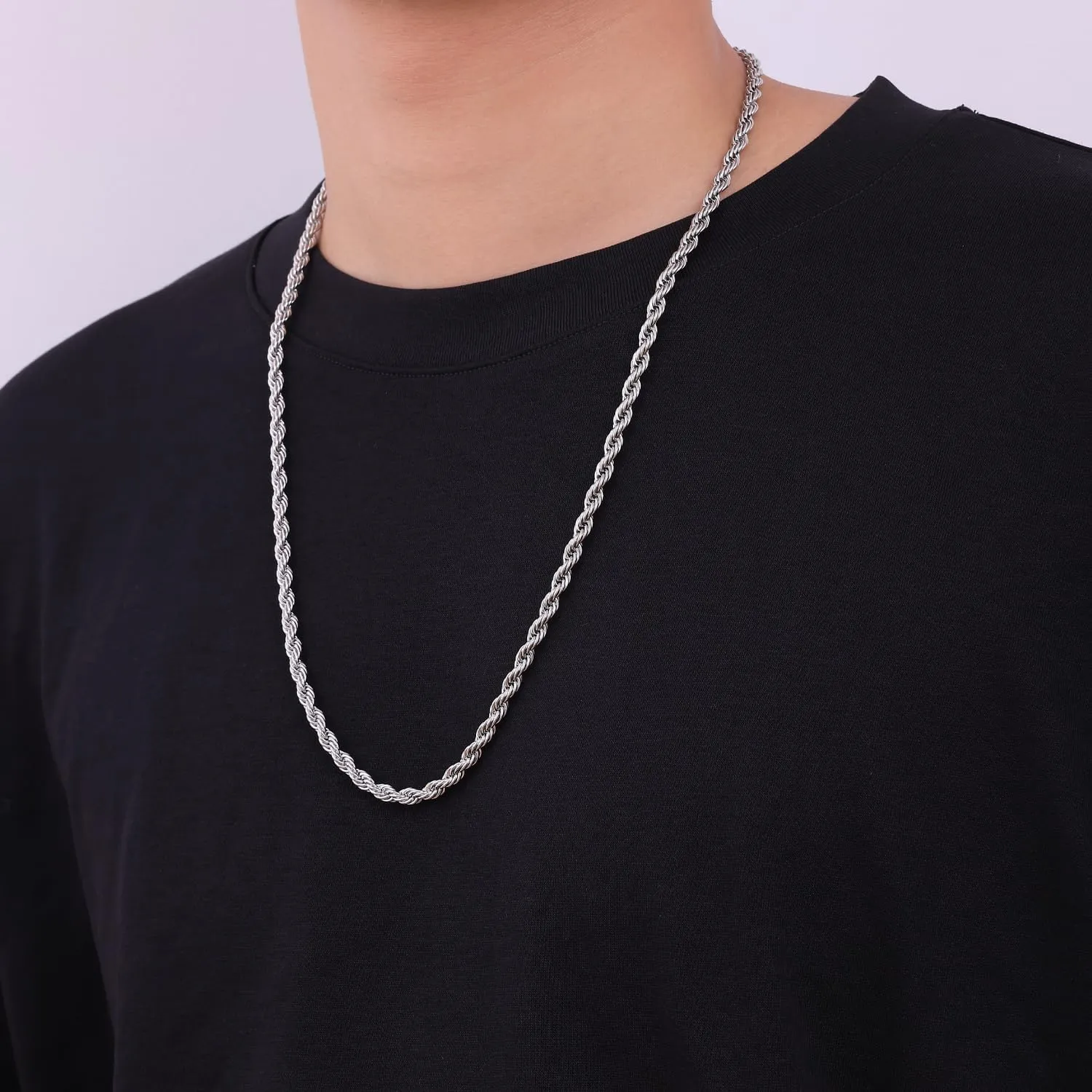 Fiusem 3mm Rope Chain Necklace for Men, Silver Tone Mens Chain Necklace, Stainless Steel Necklace Chain for Men Women