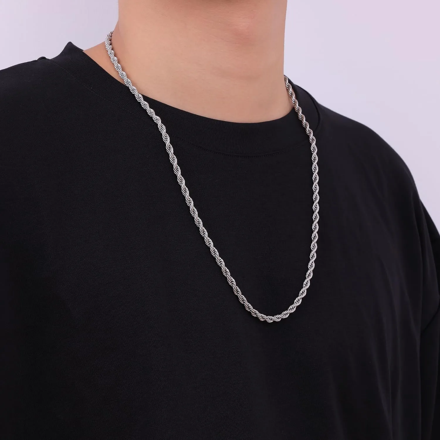 Fiusem 3mm Rope Chain Necklace for Men, Silver Tone Mens Chain Necklace, Stainless Steel Necklace Chain for Men Women
