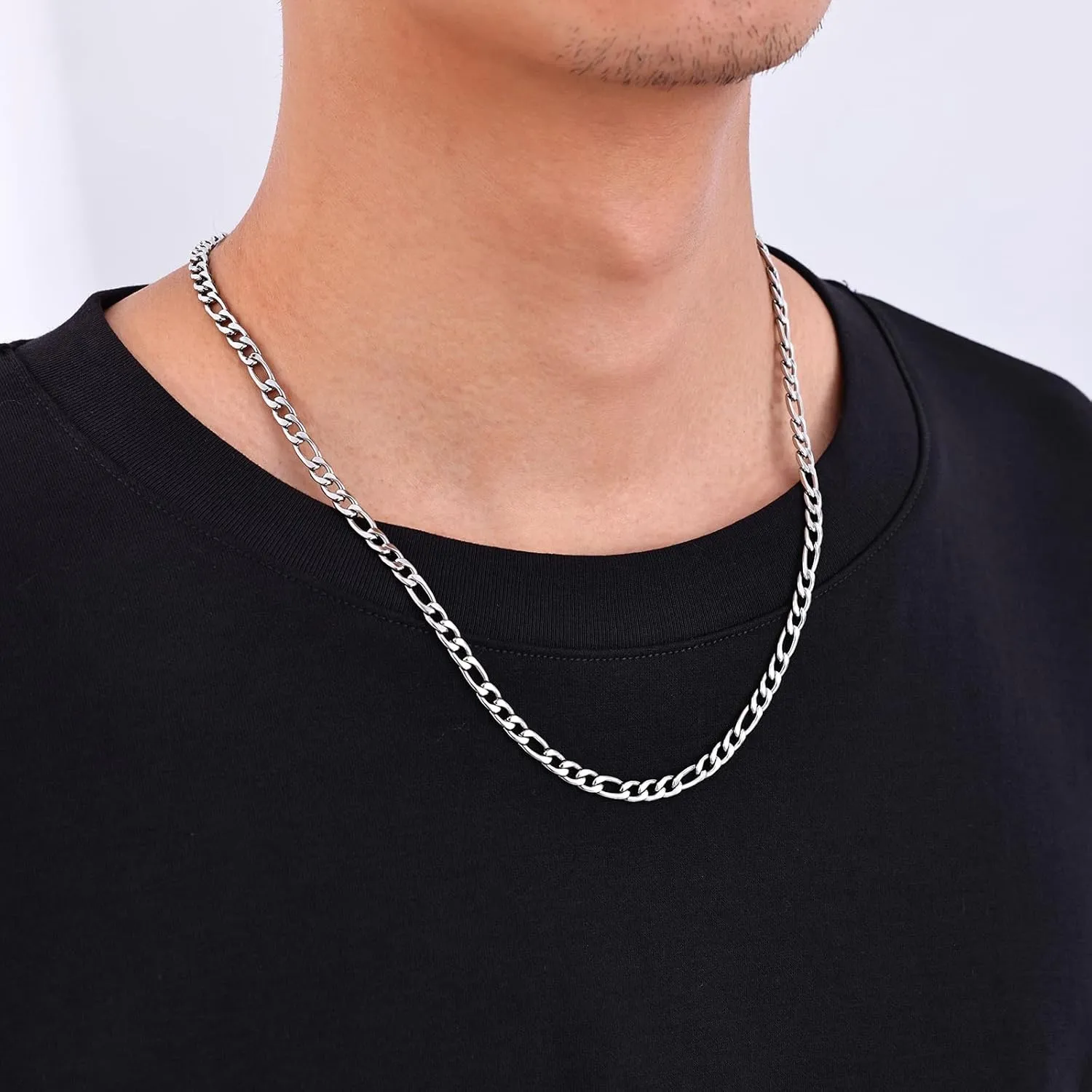 Fiusem Figaro Chains for Men Women, Silver Tone Mens Chain Necklaces, 3.5mm/5mm/6mm/7mm Stainless Steel Chain Necklace for Men Women