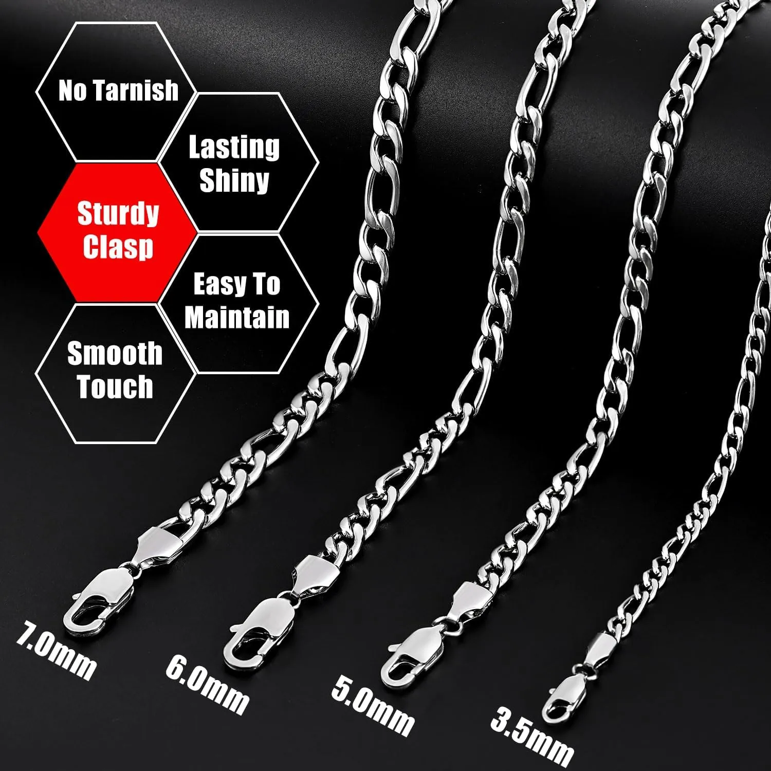Fiusem Figaro Chains for Men Women, Silver Tone Mens Chain Necklaces, 3.5mm/5mm/6mm/7mm Stainless Steel Chain Necklace for Men Women