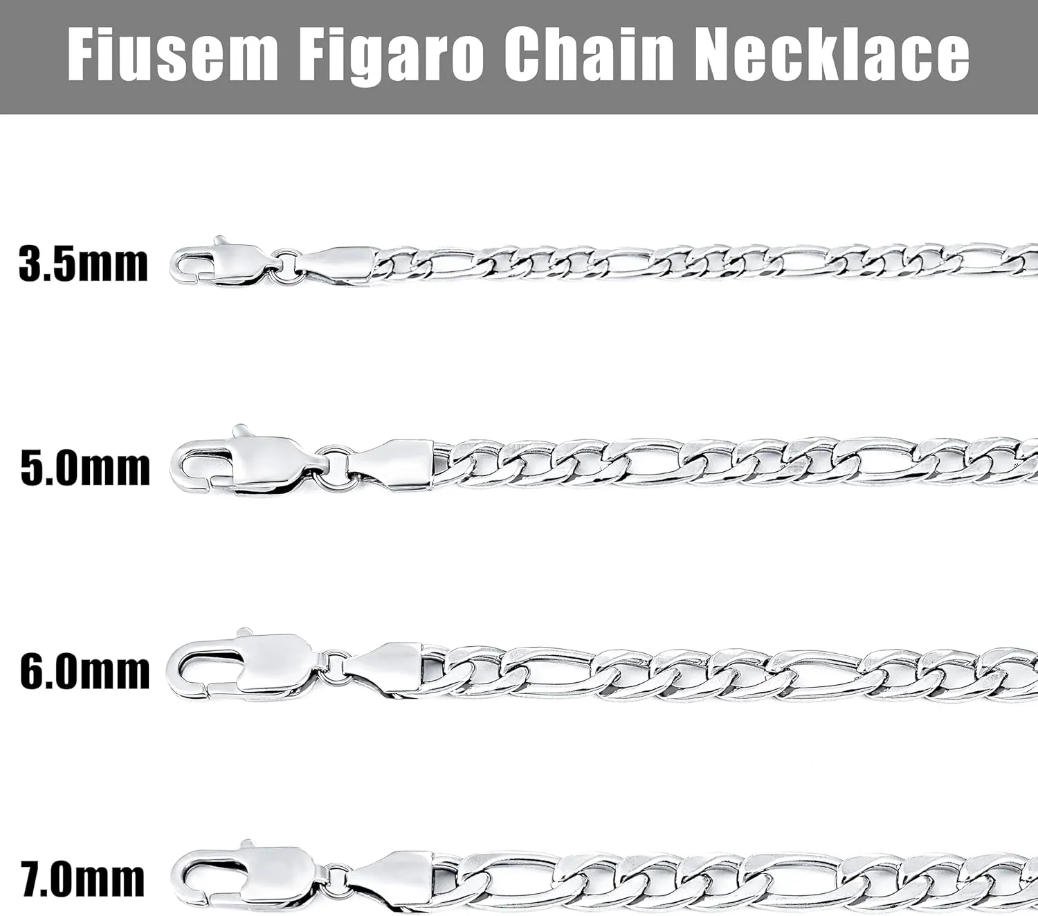 Fiusem Figaro Chains for Men Women, Silver Tone Mens Chain Necklaces, 3.5mm/5mm/6mm/7mm Stainless Steel Chain Necklace for Men Women