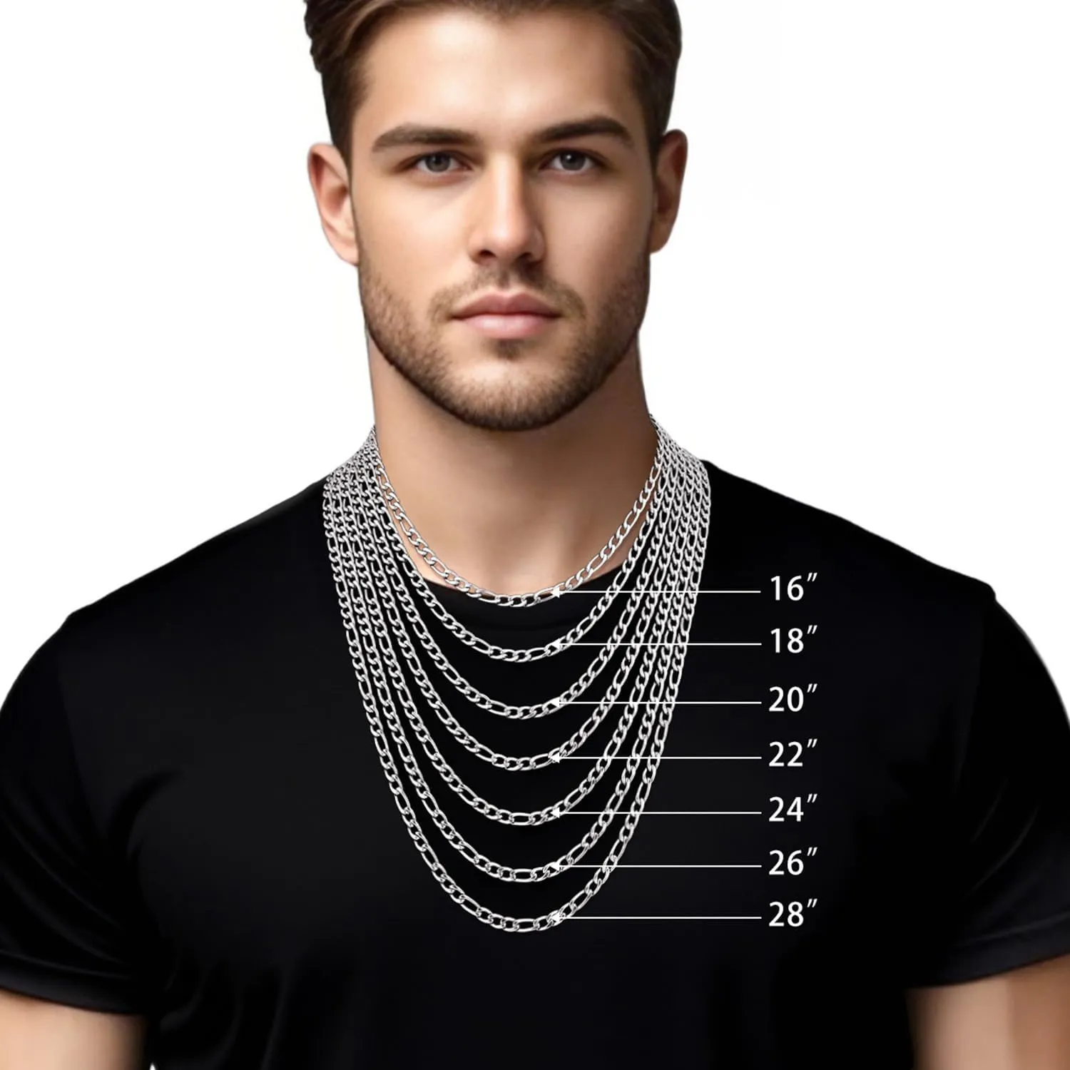 Fiusem Figaro Chains for Men Women, Silver Tone Mens Chain Necklaces, 3.5mm/5mm/6mm/7mm Stainless Steel Chain Necklace for Men Women