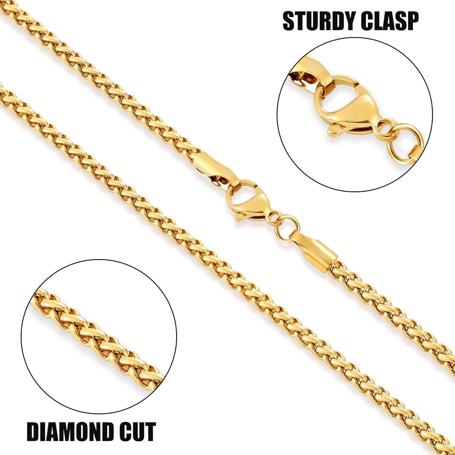 Fiusem Gold Plated Wheat Chain Necklace for Men, 2/2.5/3/4/5mm Gold Stainless Steel Necklace Chains for Men and Women 16-28 Inch