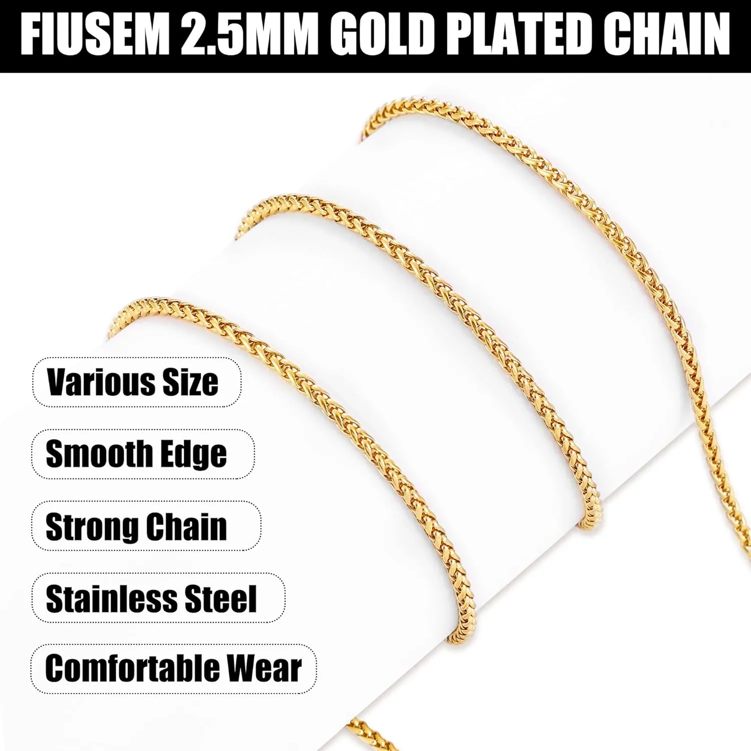 Fiusem Gold Plated Wheat Chain Necklace for Men, 2/2.5/3/4/5mm Gold Stainless Steel Necklace Chains for Men and Women 16-28 Inch