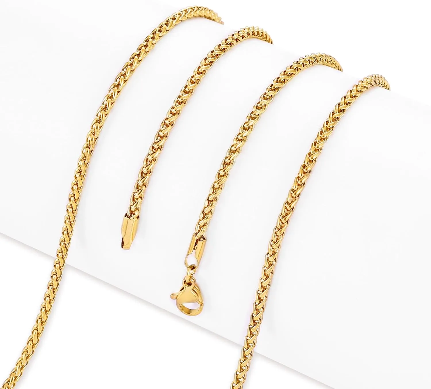 Fiusem Gold Plated Wheat Chain Necklace for Men, 2/2.5/3/4/5mm Gold Stainless Steel Necklace Chains for Men and Women 16-28 Inch