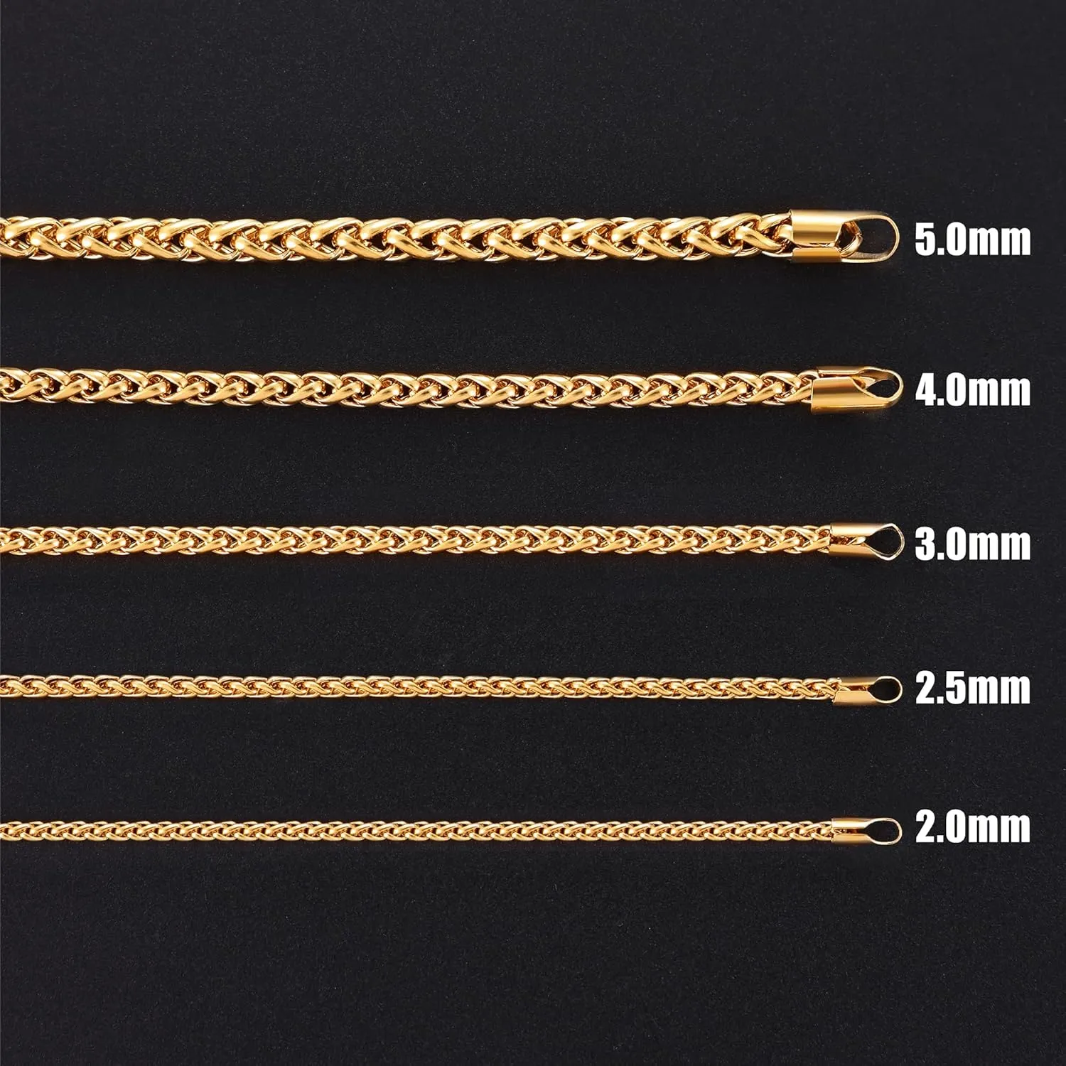 Fiusem Gold Plated Wheat Chain Necklace for Men, 2/2.5/3/4/5mm Gold Stainless Steel Necklace Chains for Men and Women 16-28 Inch