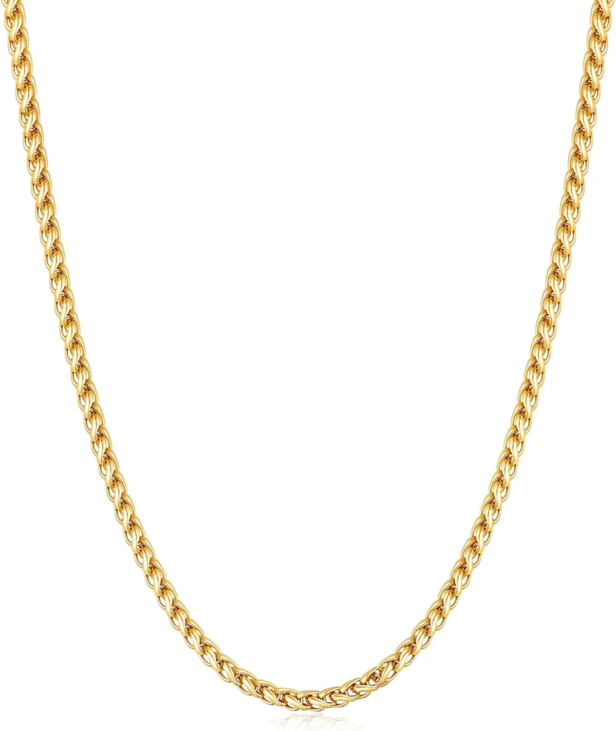 Fiusem Gold Plated Wheat Chain Necklace for Men, 2/2.5/3/4/5mm Gold Stainless Steel Necklace Chains for Men and Women 16-28 Inch