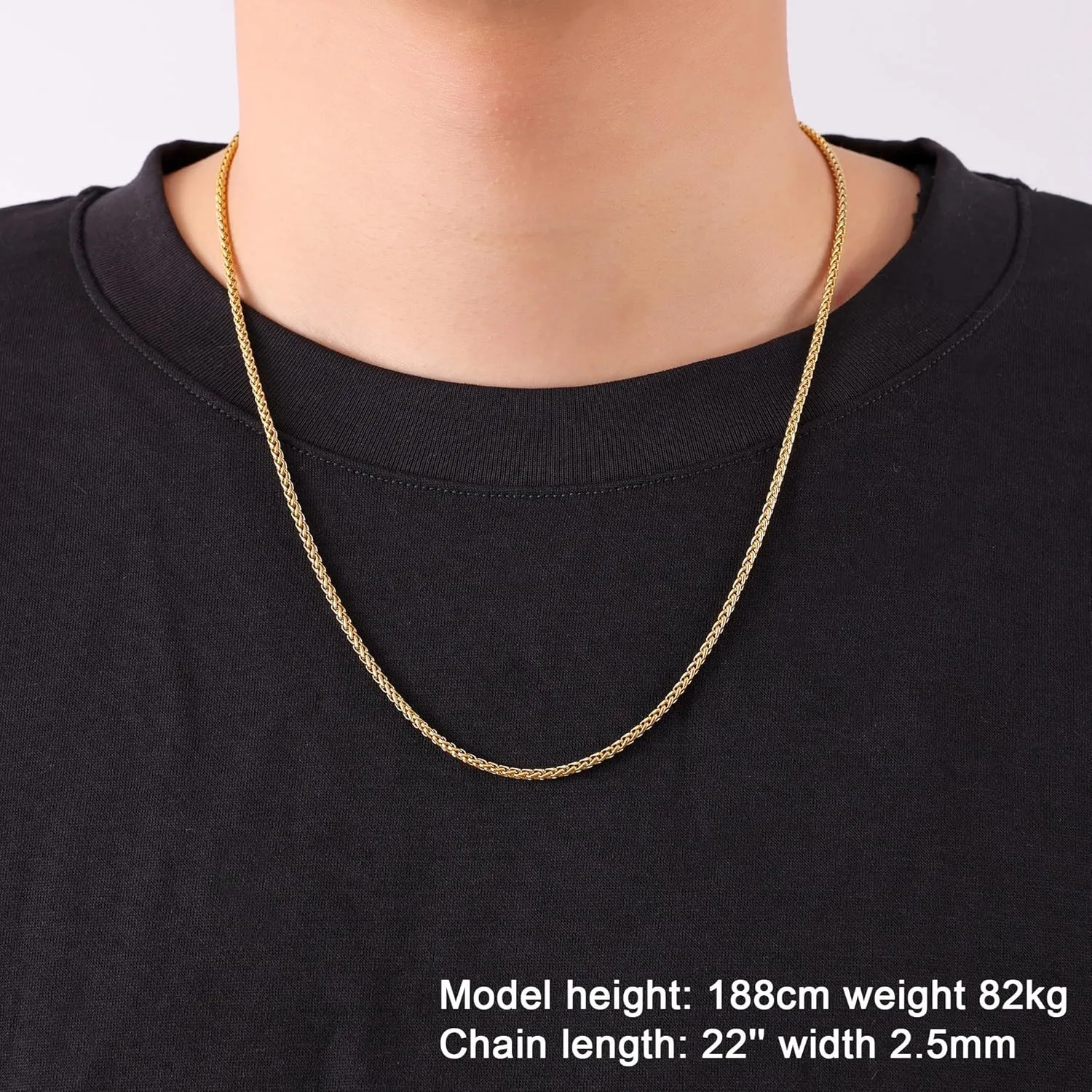 Fiusem Gold Plated Wheat Chain Necklace for Men, 2/2.5/3/4/5mm Gold Stainless Steel Necklace Chains for Men and Women 16-28 Inch