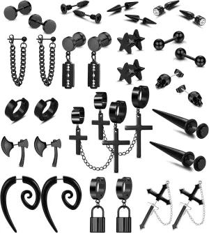 Florideco 16 Pairs Stainless Steel Y2K Punk Earrings Black for Men Women Mens Earrings Skull Cool Emo Goth Chains Jewelry Piercing Dangle Hoop Earrings Stud Set