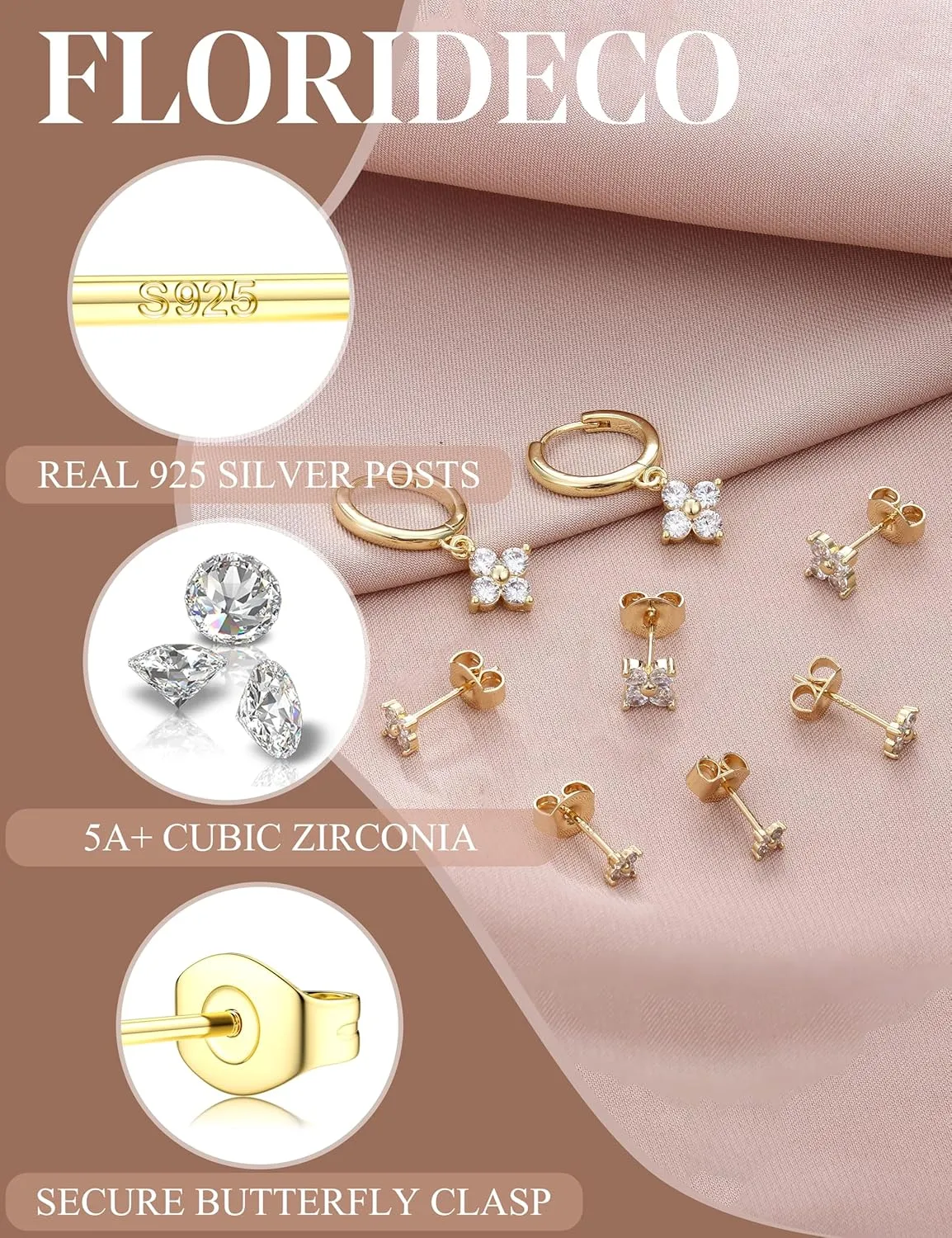 Florideco 4 Pairs 14K Gold Plated Hoop Earrings for Women, Hypoallergenic 925 Sterling Silver Earrings Set, Gold Hoop Charm Huggie Leaf Rhombus Heart Earrings for Women Trendy, Tiny Earring Stacks for Cartilage