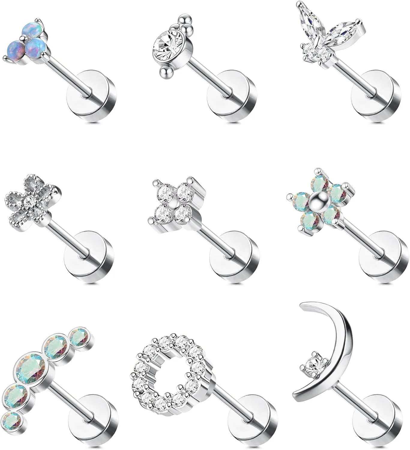 Florideco 9Pcs 16G Cartilage Stud Earring for Women 316L Stainless Steel Screw Flat Back Earrings Butterfly Moon Flower Crawler Helix Tragus Daith Piercing Earrings Cute CZ Opal Cartilage Piercing Jewelry