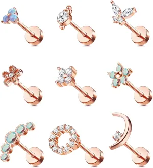 Florideco 9Pcs 16G Cartilage Stud Earring for Women 316L Stainless Steel Screw Flat Back Earrings Butterfly Moon Flower Crawler Helix Tragus Daith Piercing Earrings Cute CZ Opal Cartilage Piercing Jewelry
