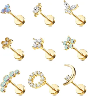 Florideco 9Pcs 16G Cartilage Stud Earring for Women 316L Stainless Steel Screw Flat Back Earrings Butterfly Moon Flower Crawler Helix Tragus Daith Piercing Earrings Cute CZ Opal Cartilage Piercing Jewelry