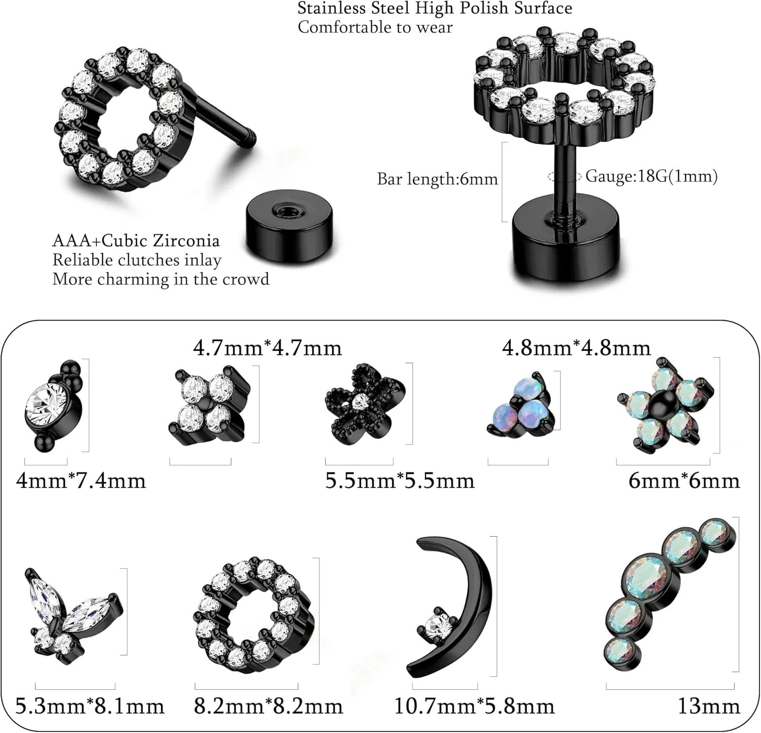Florideco 9Pcs 16G Cartilage Stud Earring for Women 316L Stainless Steel Screw Flat Back Earrings Butterfly Moon Flower Crawler Helix Tragus Daith Piercing Earrings Cute CZ Opal Cartilage Piercing Jewelry