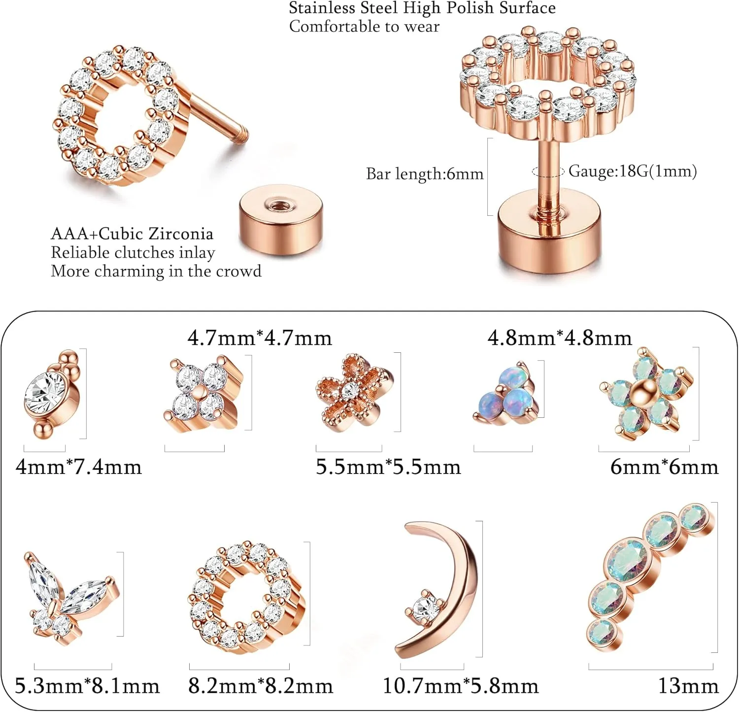 Florideco 9Pcs 16G Cartilage Stud Earring for Women 316L Stainless Steel Screw Flat Back Earrings Butterfly Moon Flower Crawler Helix Tragus Daith Piercing Earrings Cute CZ Opal Cartilage Piercing Jewelry