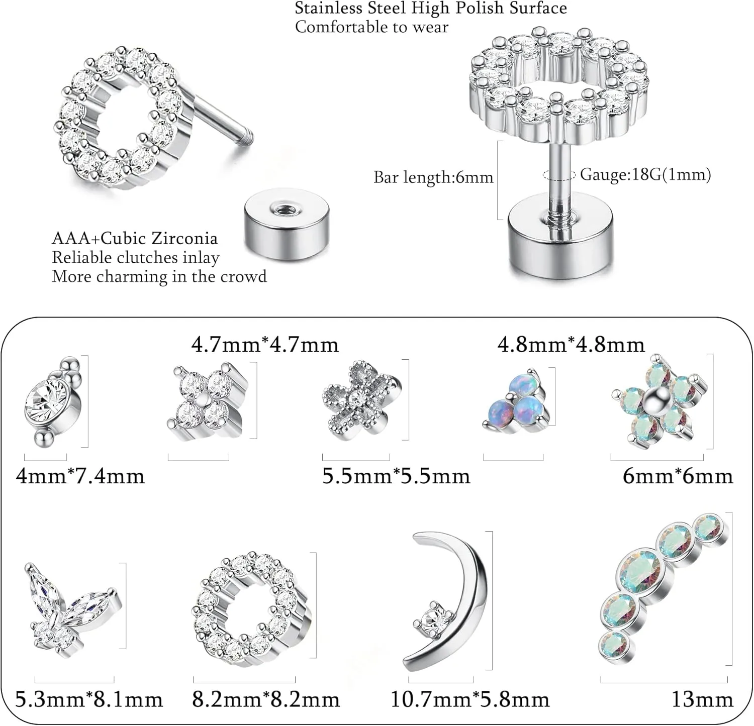 Florideco 9Pcs 16G Cartilage Stud Earring for Women 316L Stainless Steel Screw Flat Back Earrings Butterfly Moon Flower Crawler Helix Tragus Daith Piercing Earrings Cute CZ Opal Cartilage Piercing Jewelry