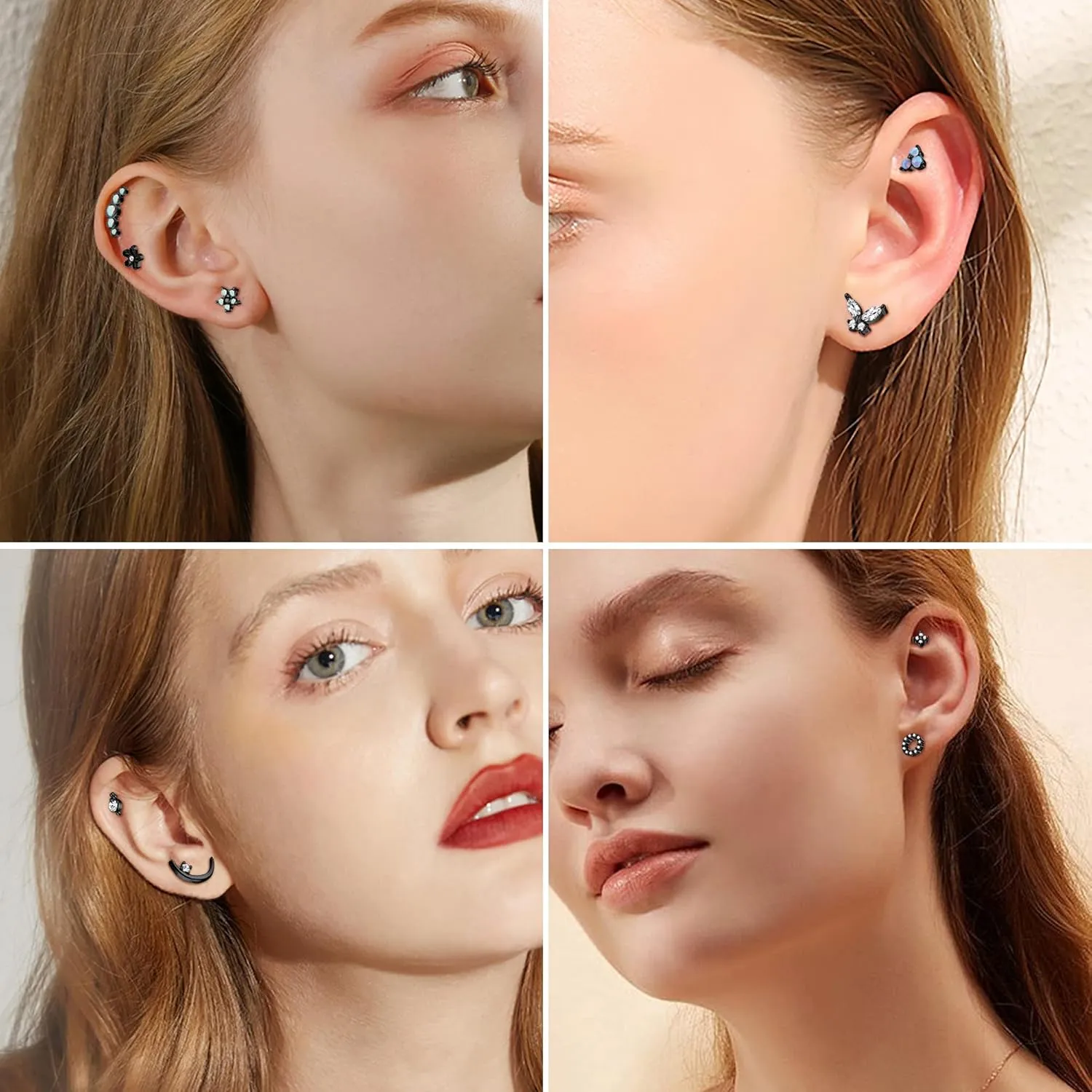 Florideco 9Pcs 16G Cartilage Stud Earring for Women 316L Stainless Steel Screw Flat Back Earrings Butterfly Moon Flower Crawler Helix Tragus Daith Piercing Earrings Cute CZ Opal Cartilage Piercing Jewelry