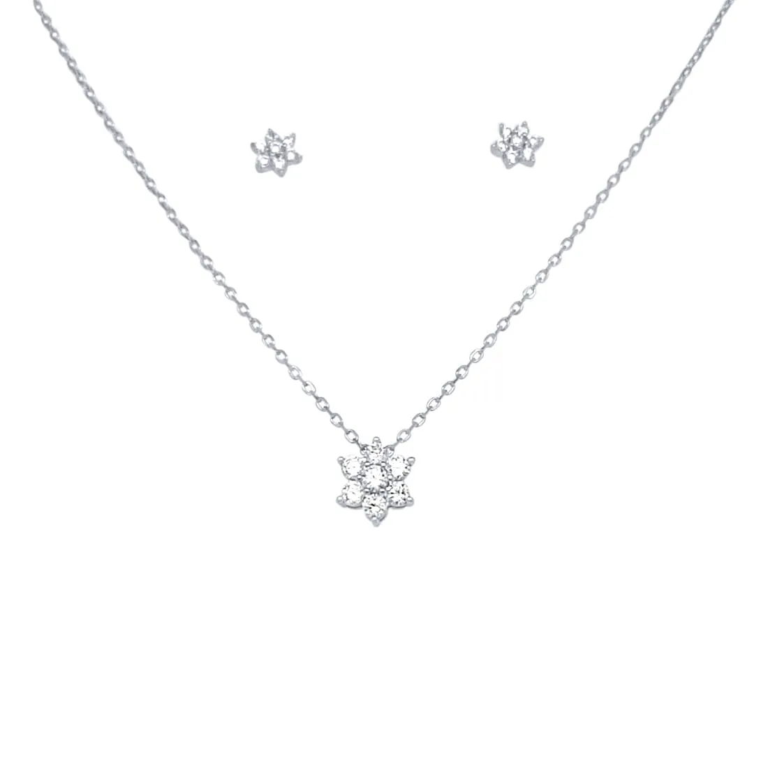 Flower Necklace and Stud Earrings Jewellery Set with Cubic Zirconia in Sterling Silver