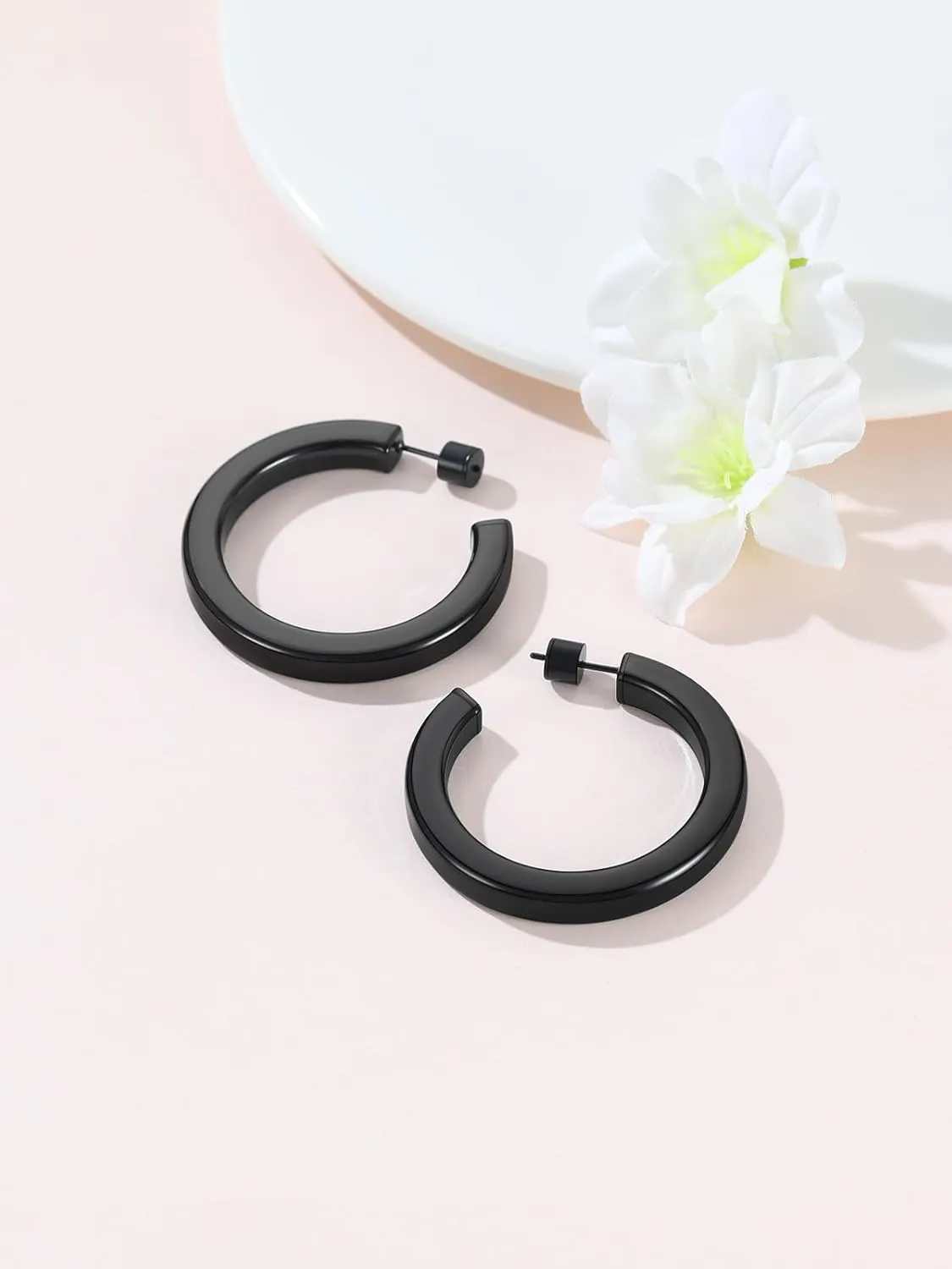 FOCALOOK Hoop Earrings for Women, Lightweight Silver/Black/Gold Plated Chunky Open Hoop Earrings(30, 40, 60, 80mm)