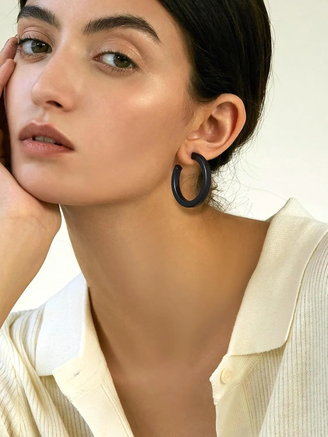 FOCALOOK Hoop Earrings for Women, Lightweight Silver/Black/Gold Plated Chunky Open Hoop Earrings(30, 40, 60, 80mm)