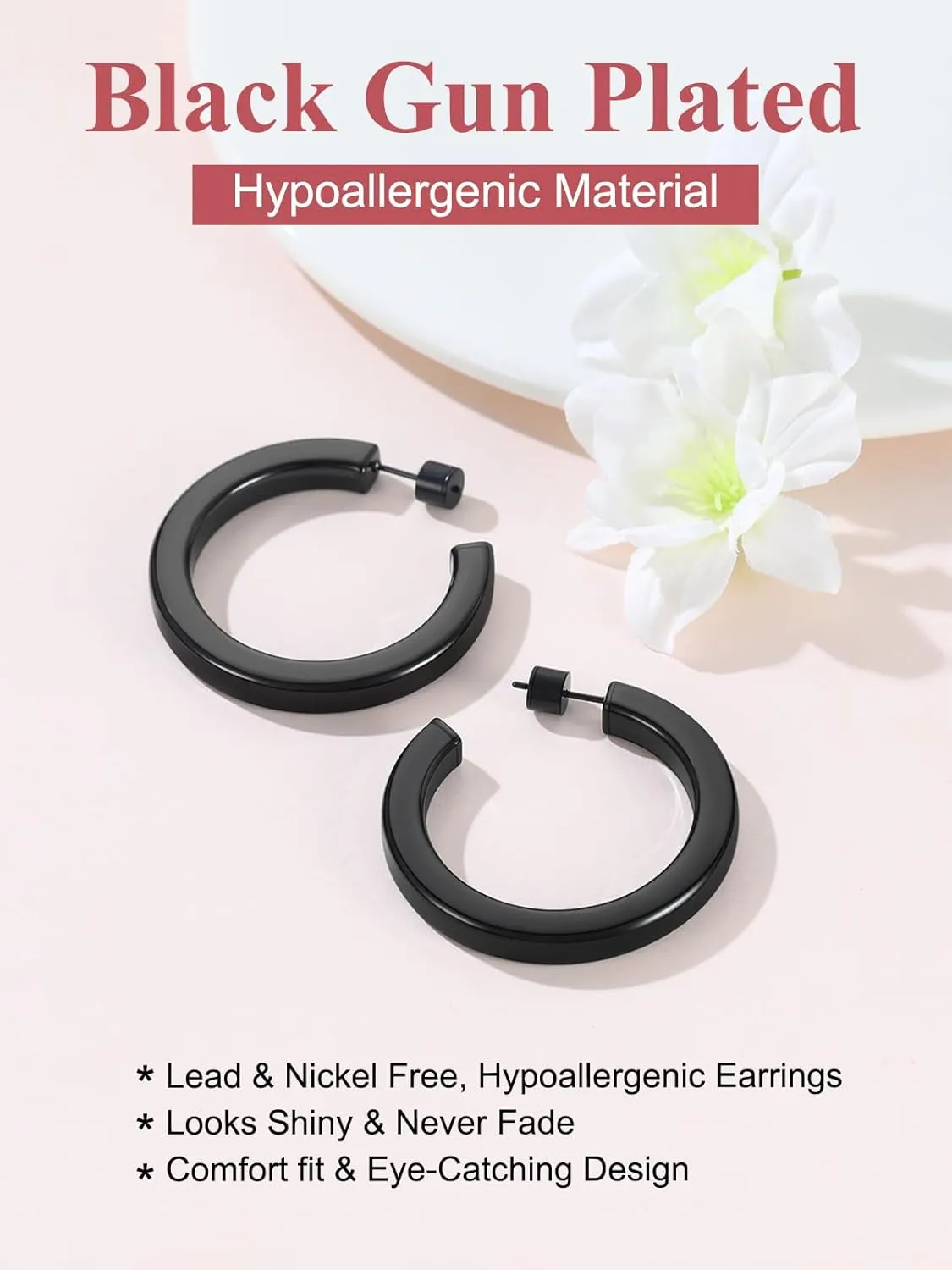 FOCALOOK Hoop Earrings for Women, Lightweight Silver/Black/Gold Plated Chunky Open Hoop Earrings(30, 40, 60, 80mm)