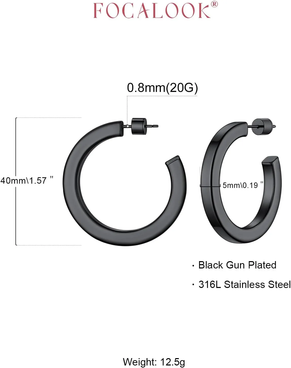 FOCALOOK Hoop Earrings for Women, Lightweight Silver/Black/Gold Plated Chunky Open Hoop Earrings(30, 40, 60, 80mm)