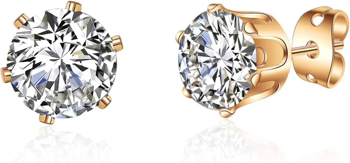 Fomissky-sisa Gold Plated 6 Prong Solitaire Stud Earrings, Classic Cubic Zirconia Stud Earring 9mm Created Diamond Minimalist Earrings