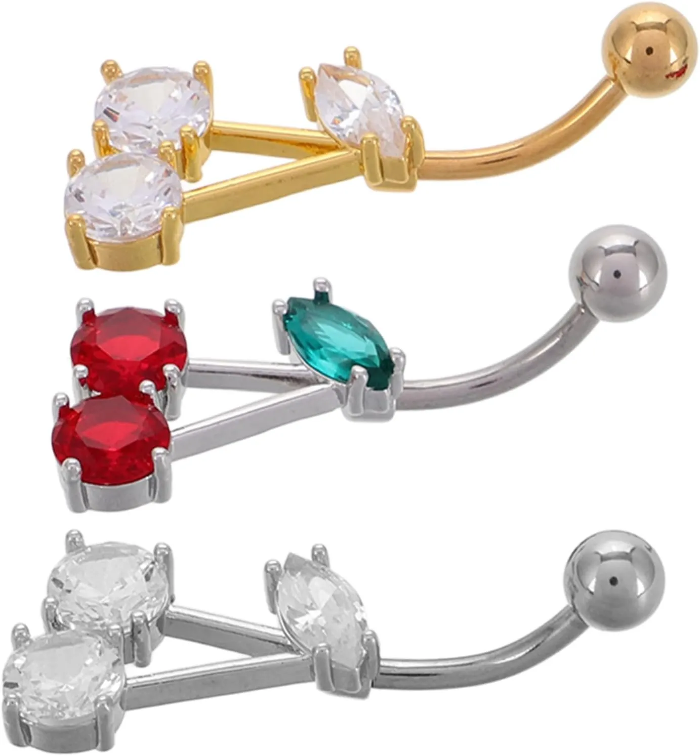 FRCOLOR 3pcs Navel Button Rings Cute Cherry Belly Button Jewelry Piercing Design Zircon for Fashion Lovers