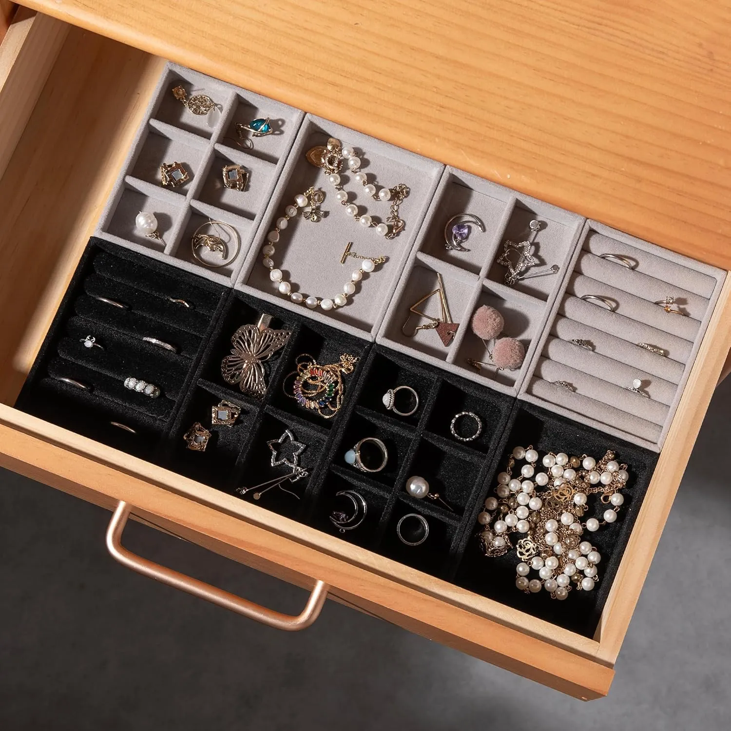 Frebeauty Small Jewelry Tray Set,Velvet Ring Organizer,Stackable Jewelry Organizer Tray,Mini Jewelry Drawer Organizer,4.92 x 3.74 x 0.9 Inches,7 Slots Ring Tray for Women(Set 2,Beige)