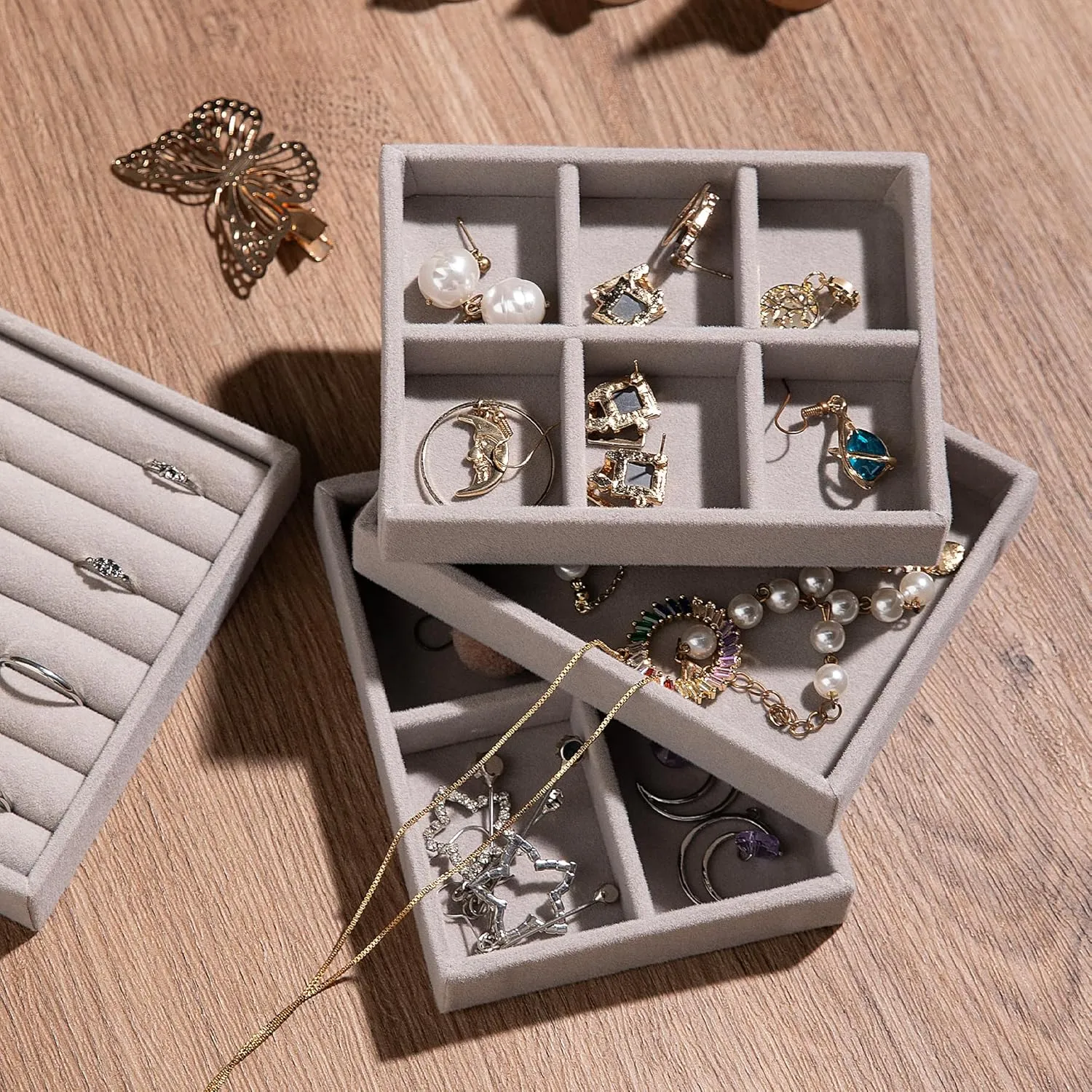 Frebeauty Small Jewelry Tray Set,Velvet Ring Organizer,Stackable Jewelry Organizer Tray,Mini Jewelry Drawer Organizer,4.92 x 3.74 x 0.9 Inches,7 Slots Ring Tray for Women(Set 2,Grey)