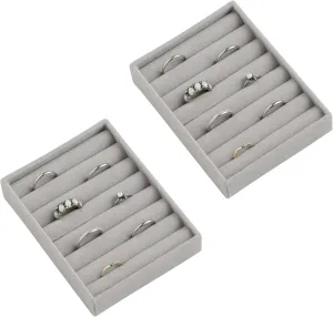 Frebeauty Small Jewelry Tray Set,Velvet Ring Organizer,Stackable Jewelry Organizer Tray,Mini Jewelry Drawer Organizer,4.92 x 3.74 x 0.9 Inches,7 Slots Ring Tray for Women(Set 2,Grey)