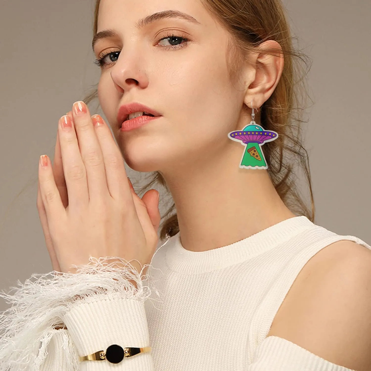 Fun Cute UFO Space Dangle Earrings Novelty Weird Acrylic Aliens Earrings for Women Girls