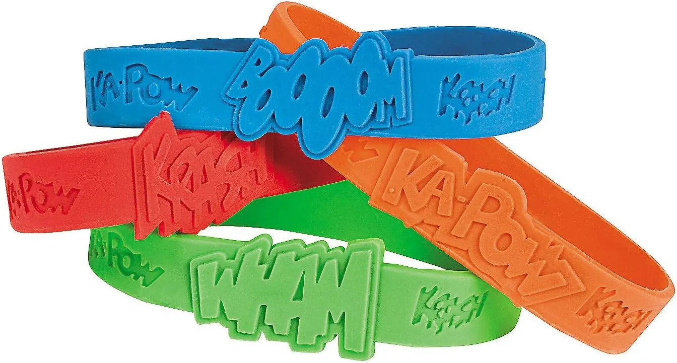 Fun Express Superhero Saying Rubber Bracelets (24 Pieces) Classroom Incentives, School Store Supplies, Party Favors