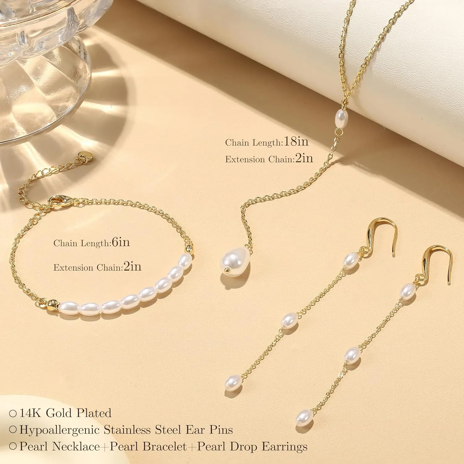 FUNRUN JEWELRY 14K Gold Plated Pearl Necklace Set for Women - Adjustable Choker, Bracelet, Drop Earrings - Dainty Wedding Jewelry
