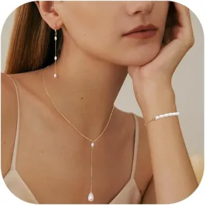 FUNRUN JEWELRY 14K Gold Plated Pearl Necklace Set for Women - Adjustable Choker, Bracelet, Drop Earrings - Dainty Wedding Jewelry