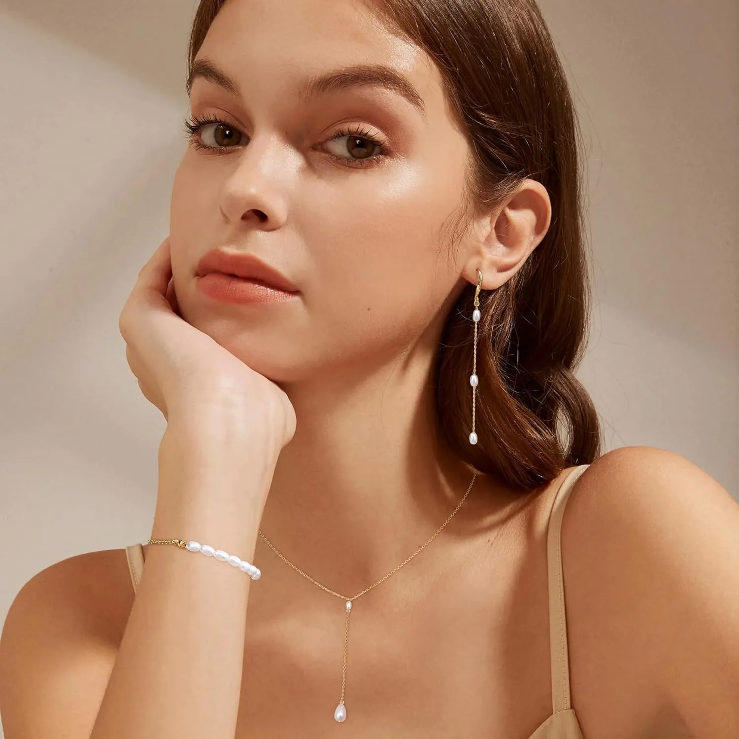 FUNRUN JEWELRY 14K Gold Plated Pearl Necklace Set for Women - Adjustable Choker, Bracelet, Drop Earrings - Dainty Wedding Jewelry